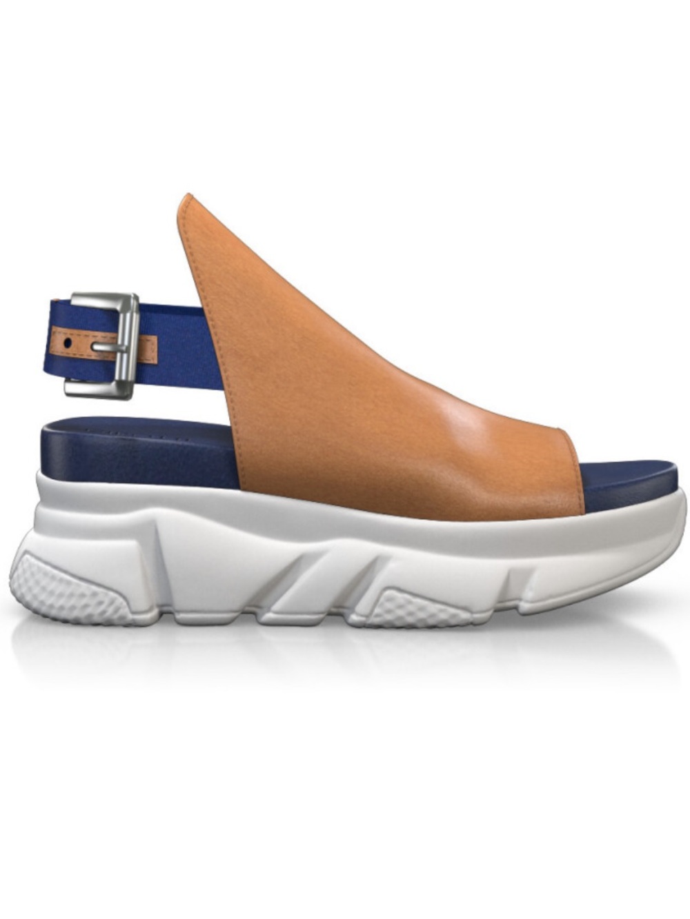 Girotti Chunky Sole Tan Leather Slide Sandals with Blue Buckle Strap